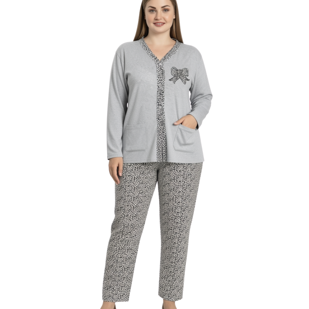 Front view of a gray pajama set with bow detail and button closure.