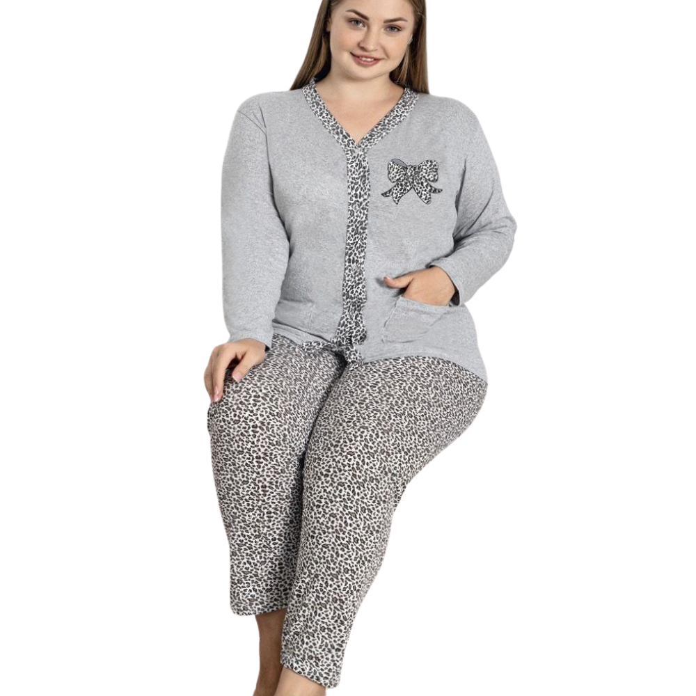 Front view of a gray pajama set showcasing bow detail and button closure.