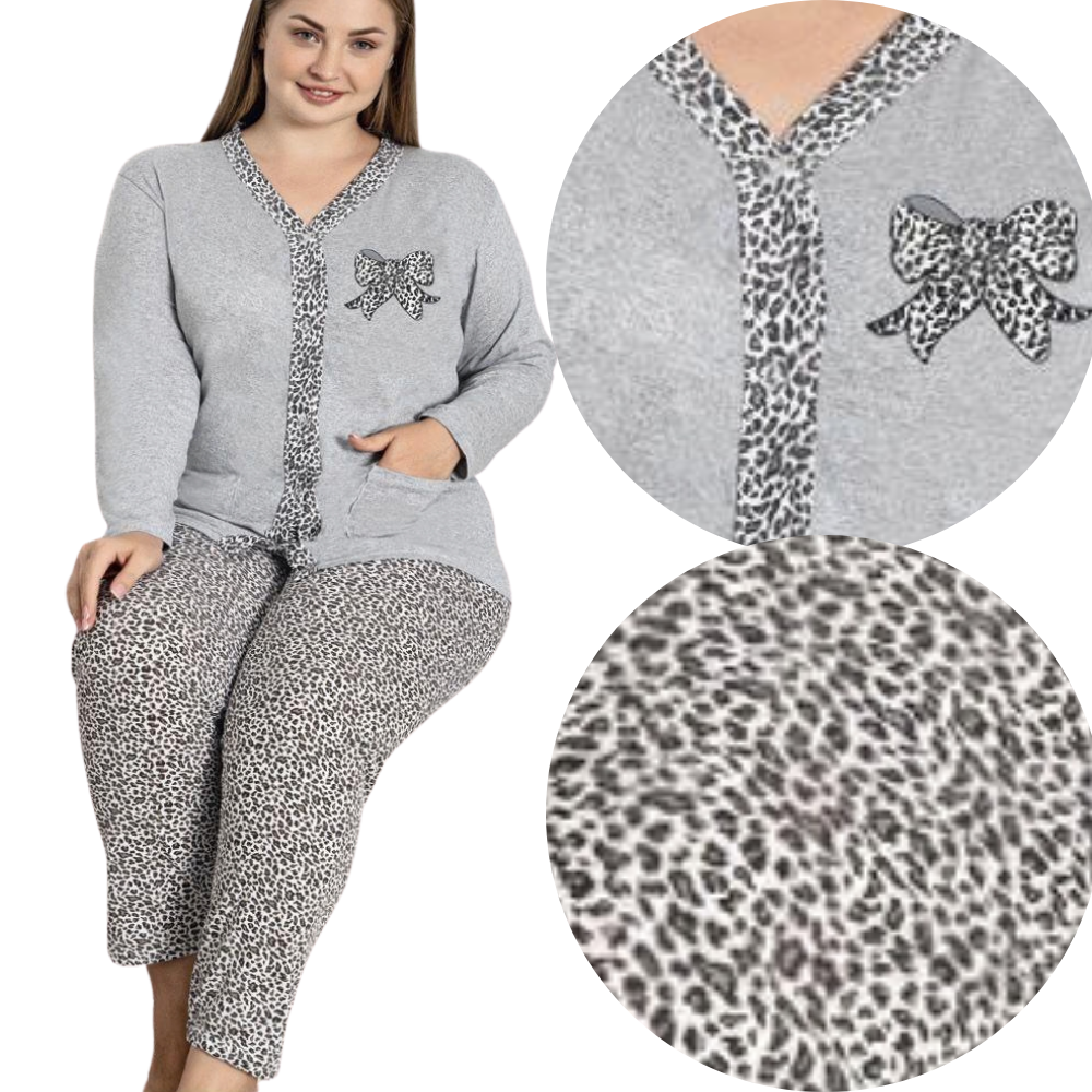 Lifestyle shot of a gray pajama set featuring bow detail and button closure.
