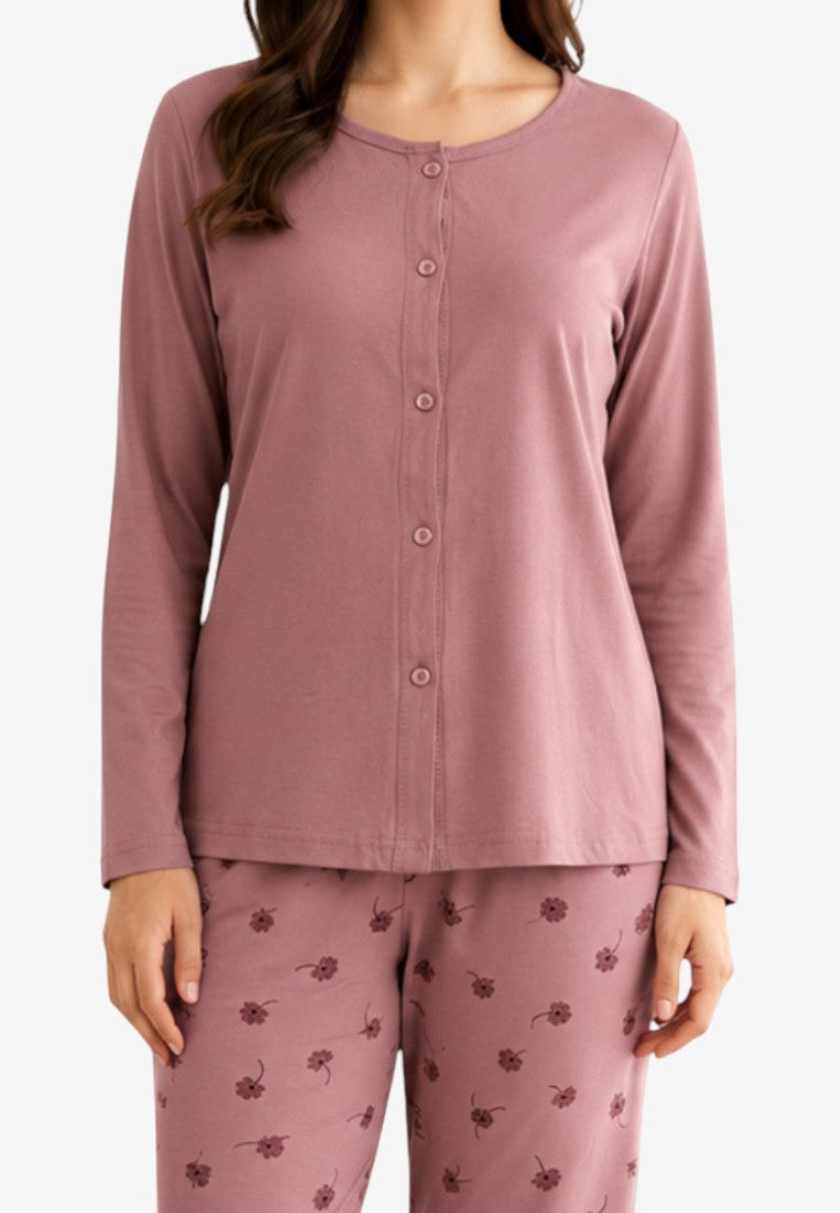 Front view of women's mauve cotton pajama set with long sleeves and button-down top.