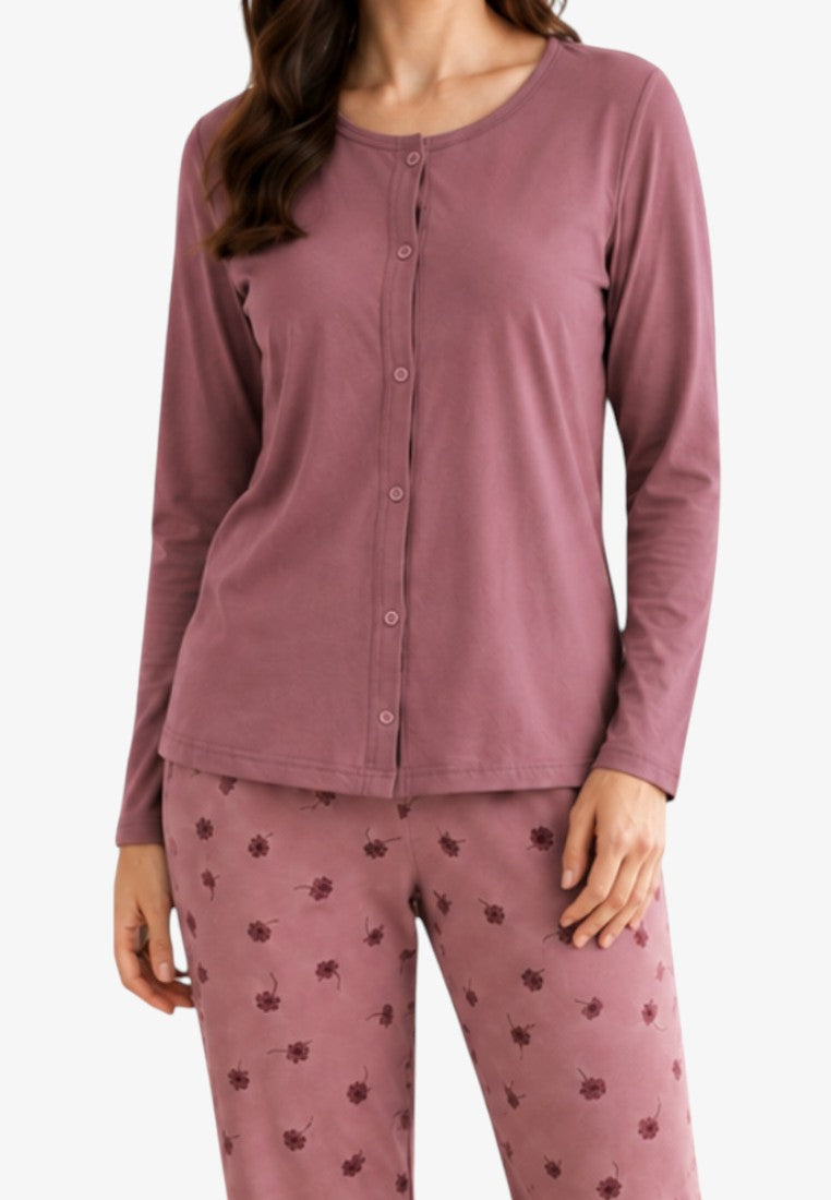 Front view of mauve button-up long-sleeve pajamas with floral print trousers.