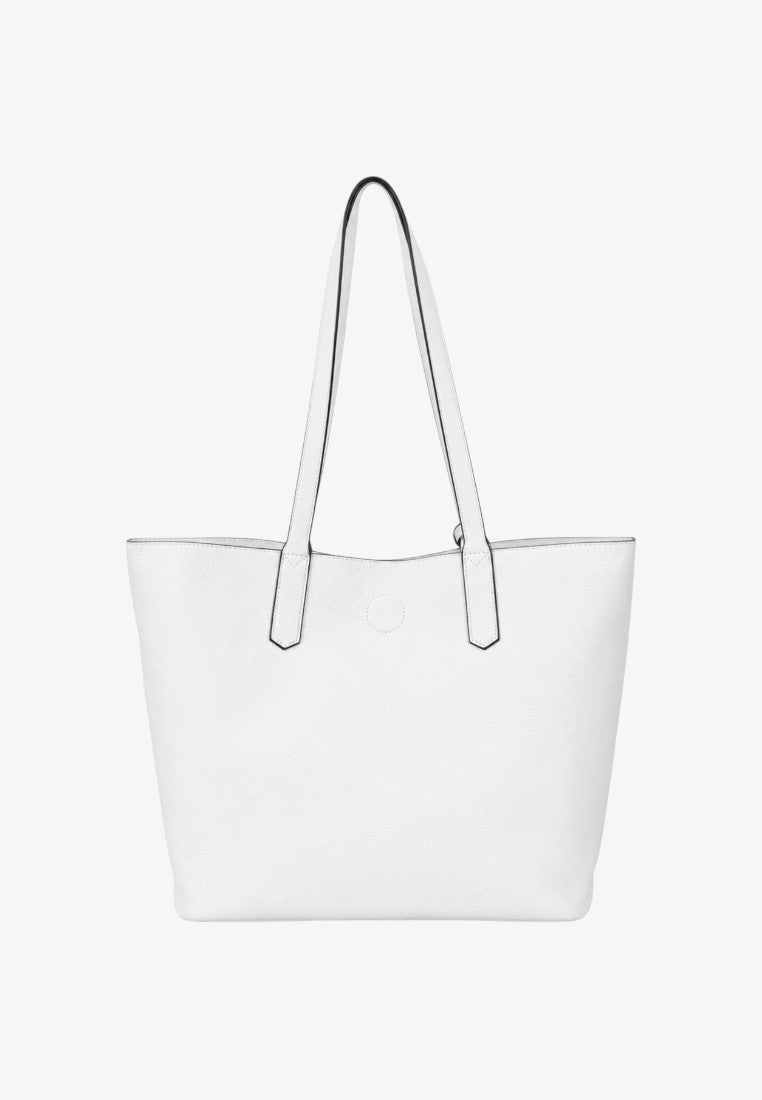 Back view of a plain white tote bag with silver handles.