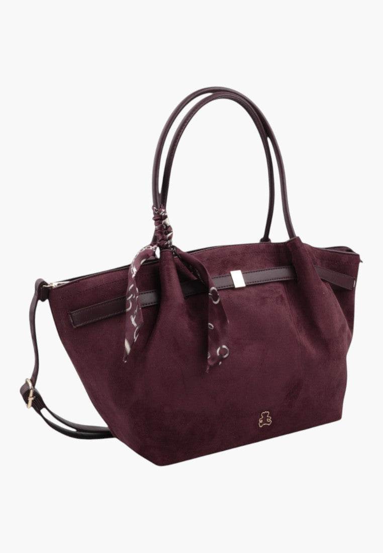 Front view of a large burgundy faux suede shopper bag with shoulder straps.