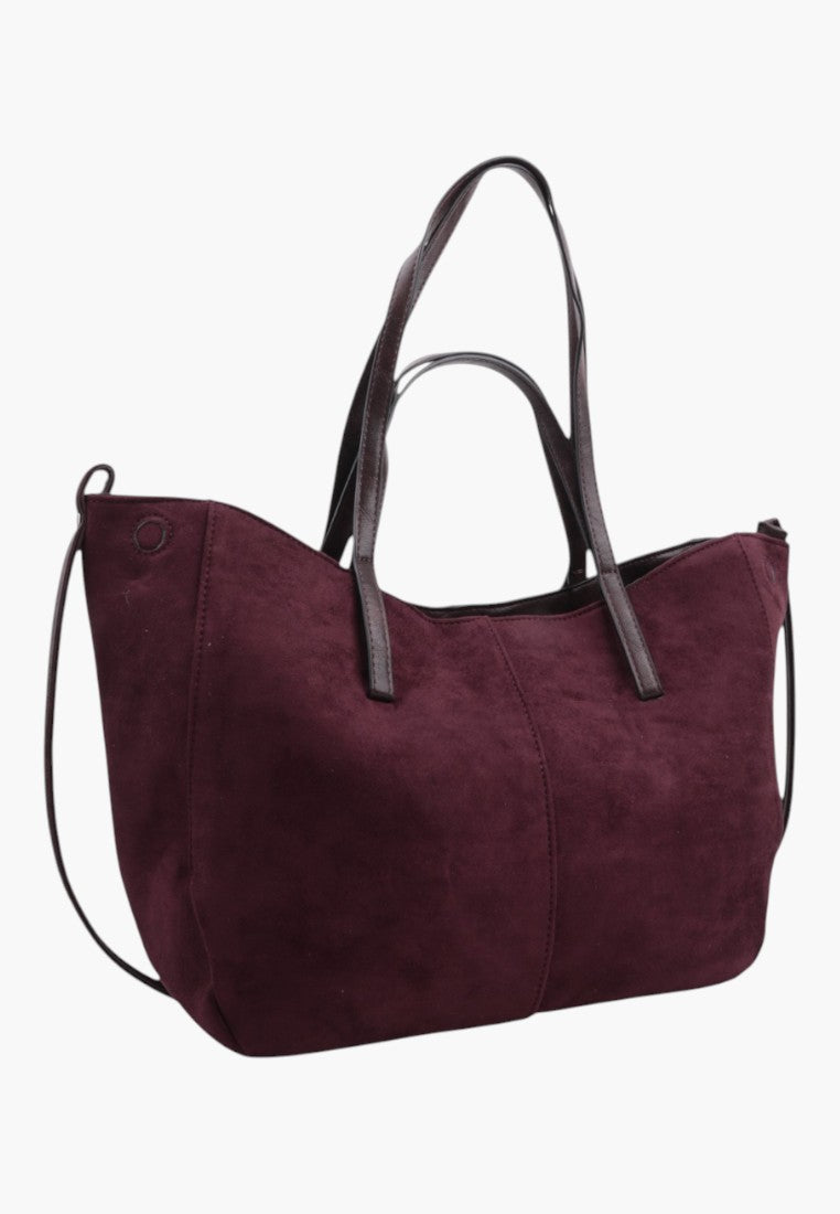 Widok z boku burgundowej torebki shopper z zamkiem błyskawicznym.