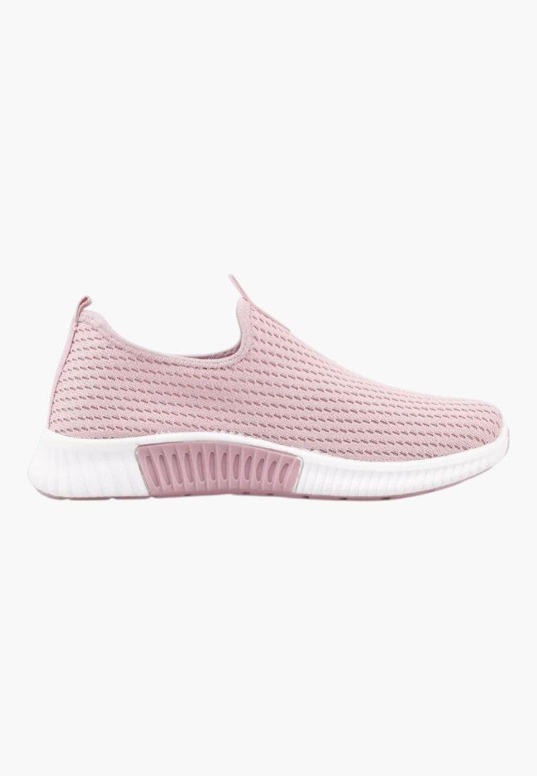 Różowe buty sportowe damskie z boku, z elastyczną podeszwą.