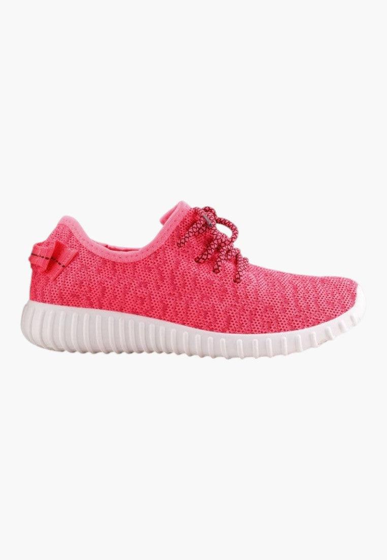 Różowe buty sportowe damskie w stylowym designie, z miękkiego materiału.