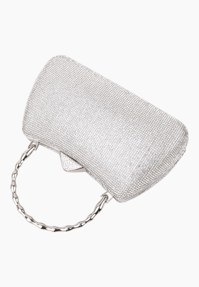 Other view of the silver clutch bag with a chain handle and sparkly texture.