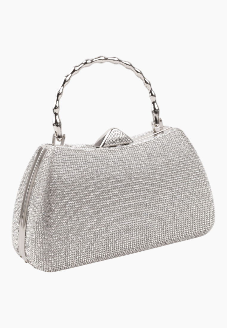 Front view of the silver handbag with a beaded handle and clasp closure.