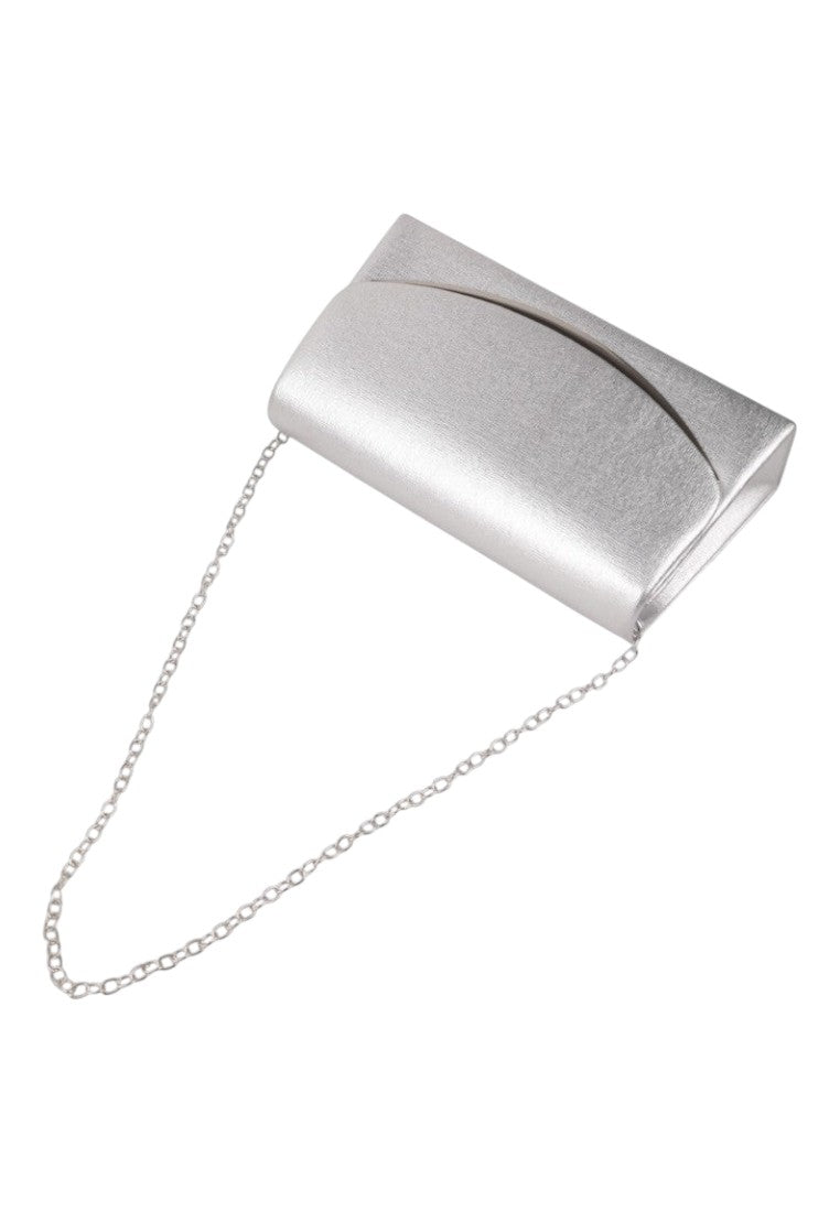 Back view of a silver clutch bag with a chain strap and smooth finish.