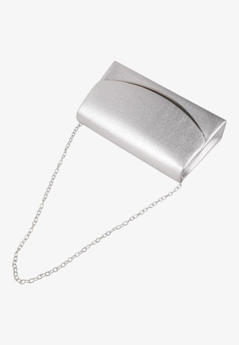 Back view of a silver clutch bag with a chain strap and smooth finish.