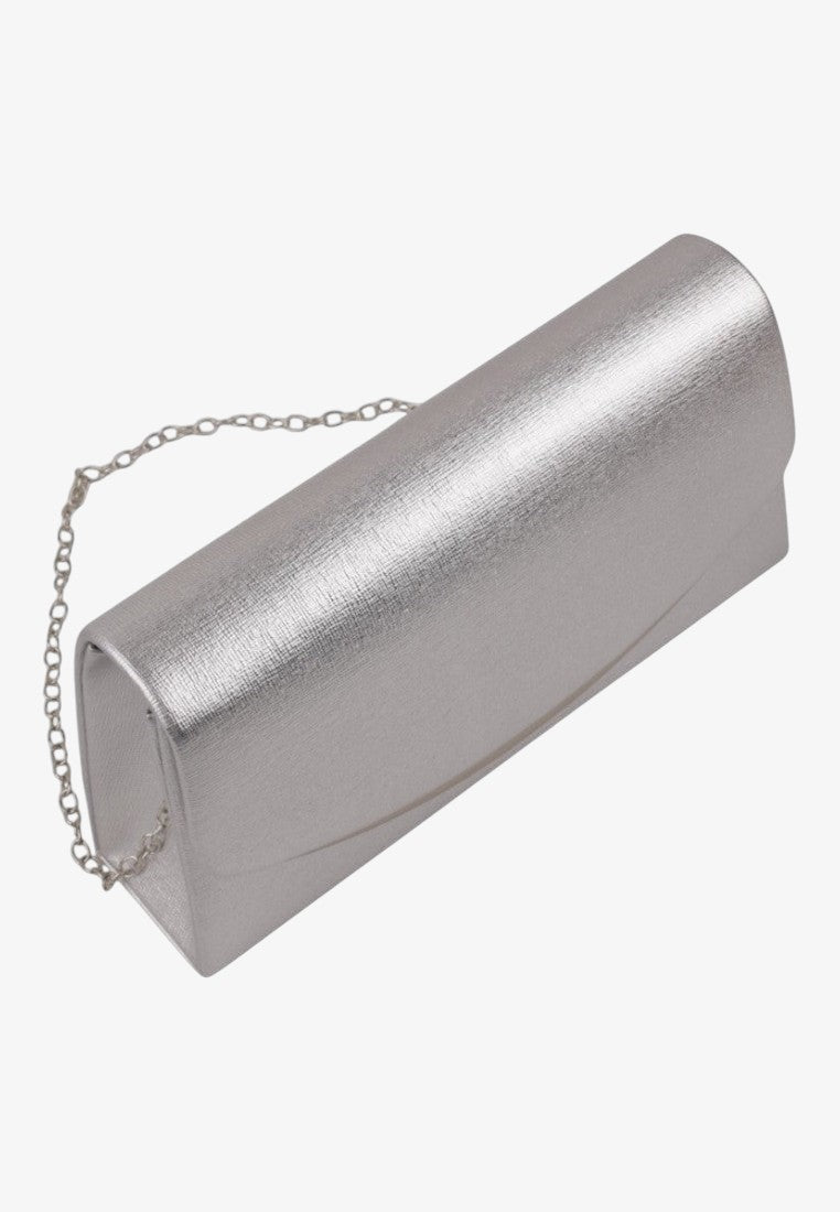 Front view of a silver clutch bag with a metallic finish and folded flap.