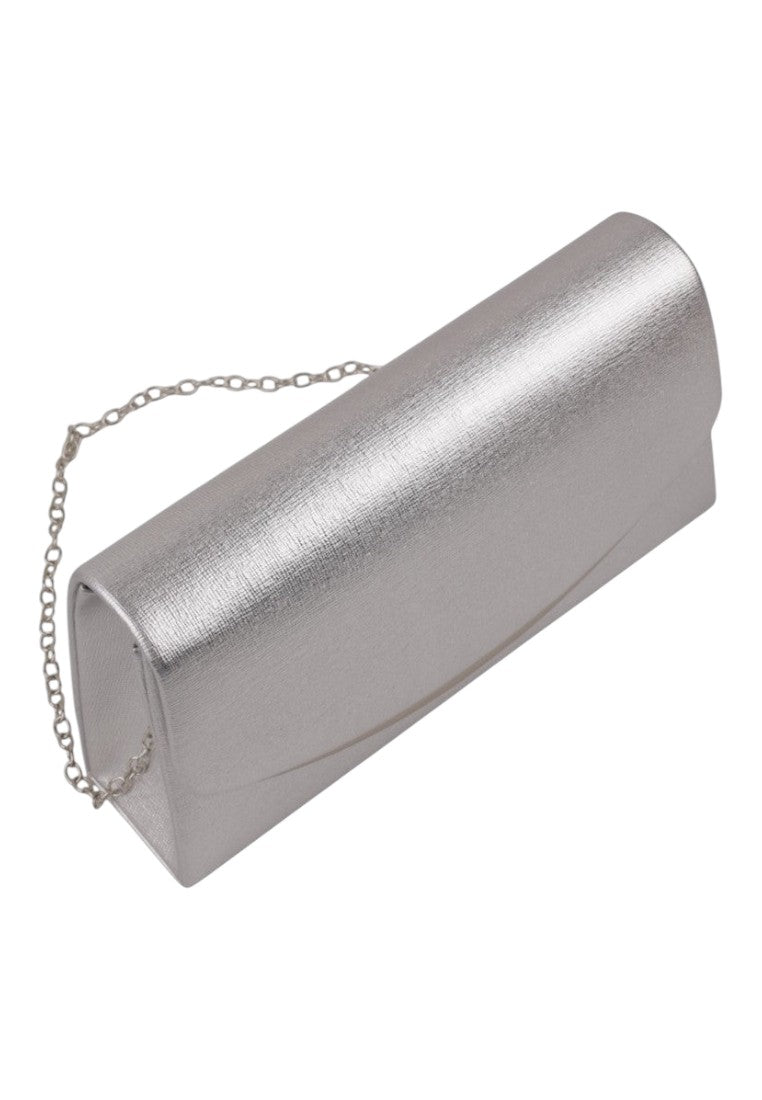 Front view of a silver clutch bag with a metallic finish and folded flap.