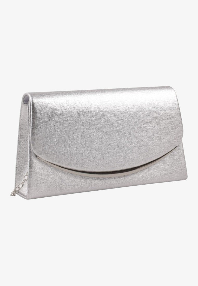 Front view of a silver clutch bag with a smooth finish and fold-over flap.