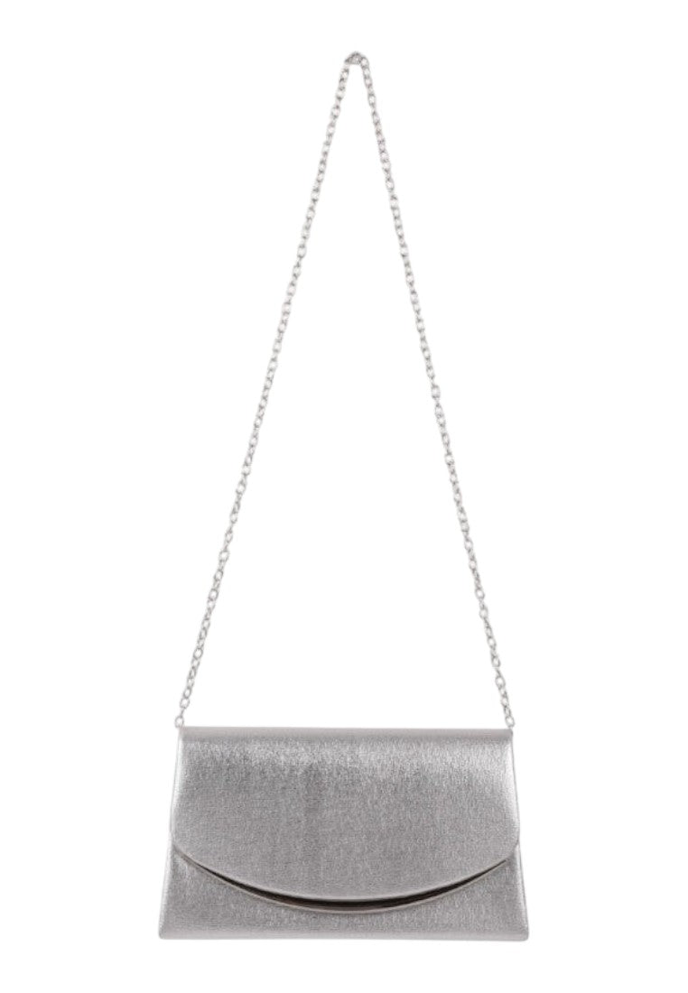 Lifestyle shot of a silver clutch bag showcasing its stylish design with a chain strap.