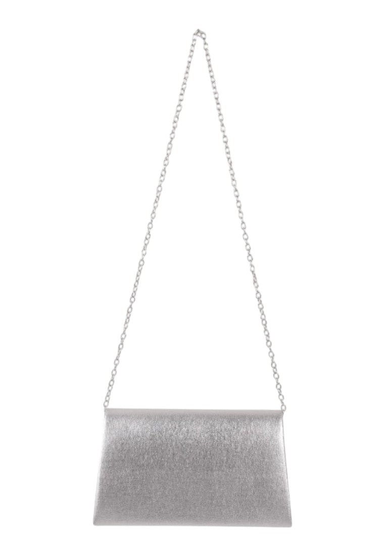 Side view of a silver clutch bag with a long strap and sleek design.