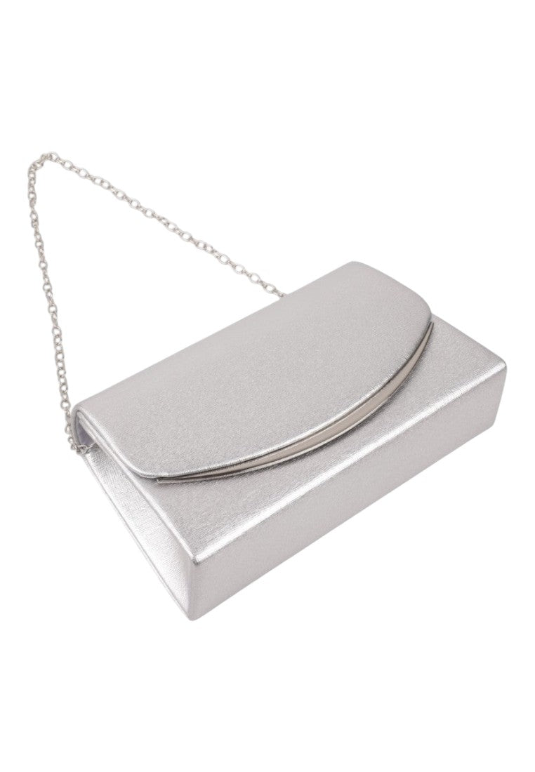 Side view of a silver clutch bag featuring a chain strap and rounded flap.
