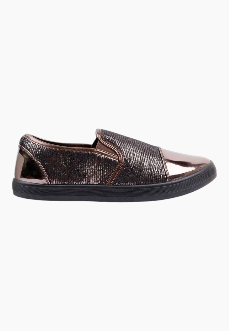 Side view of the brown slip-on shoes showcasing the metallic details.