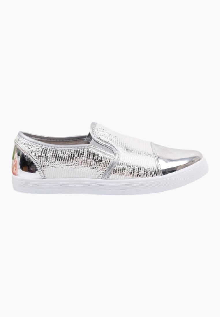 Side view of sleek silver slip-on shoes without laces.