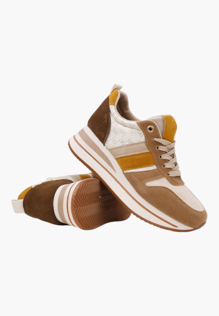 Inne ujęcie sneakersów damskich w kolorze brązowym i żółtym.