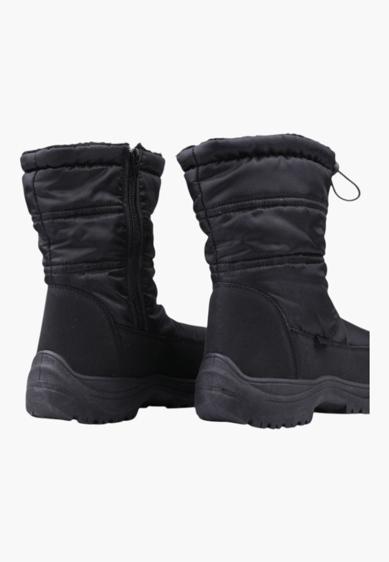 Back view of black winter boots featuring padded design and drawstring closure.
