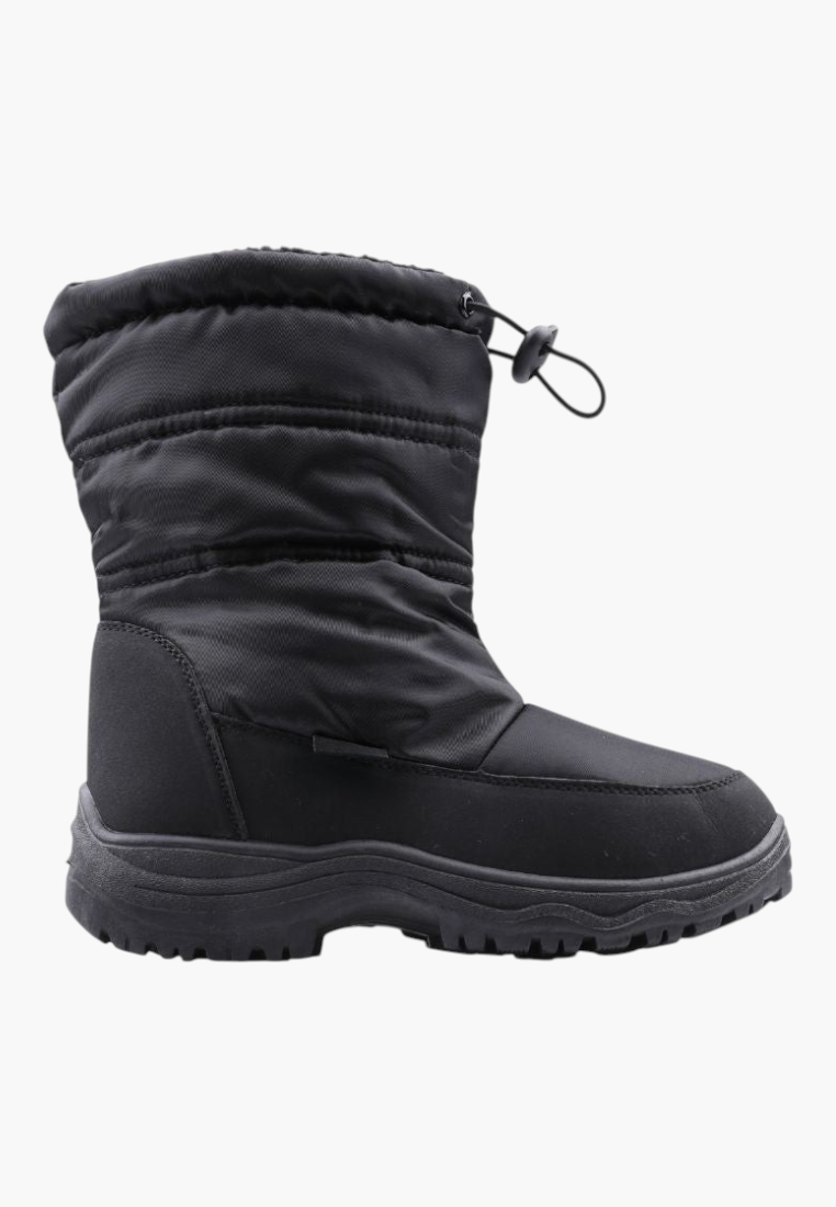 Detail close-up of black winter boots showing padded shaft and textured fabric.
