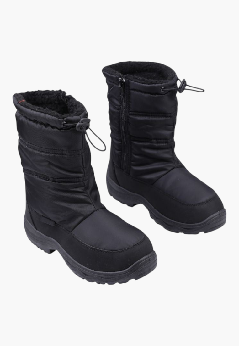 Front view of black winter boots with zipper closure on a white background.