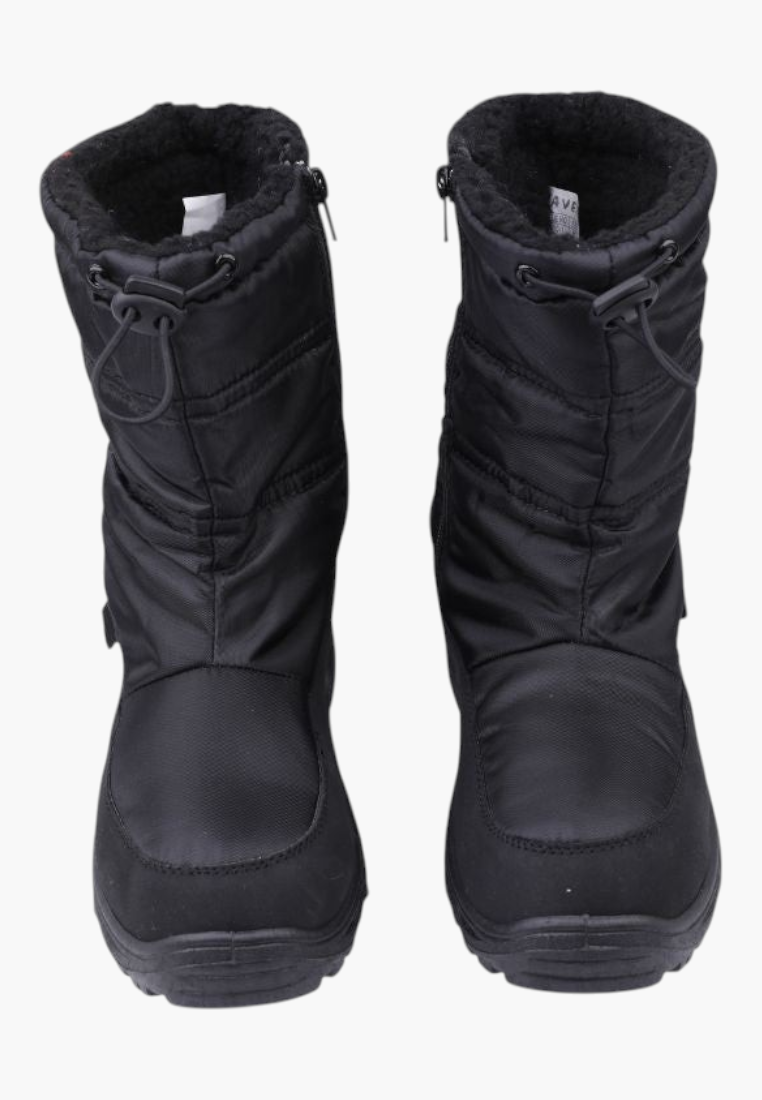 Front view of black winter boots with zipper closure and textured fabric.