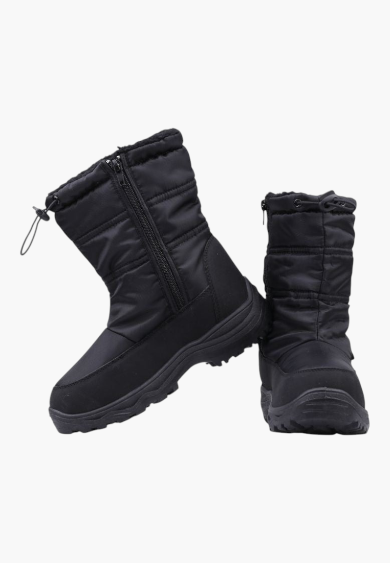 Side view of black winter boots featuring textured fabric and zipper closure.