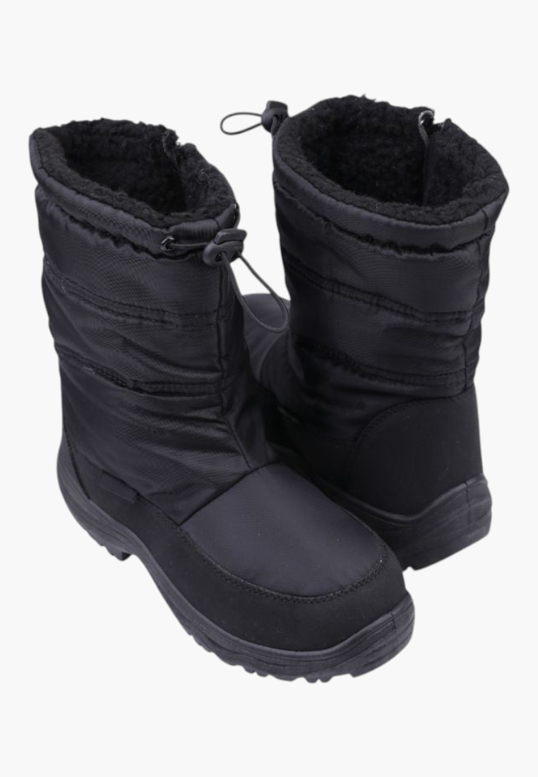 Side view of a black winter boot with padded shaft and drawstring closure.