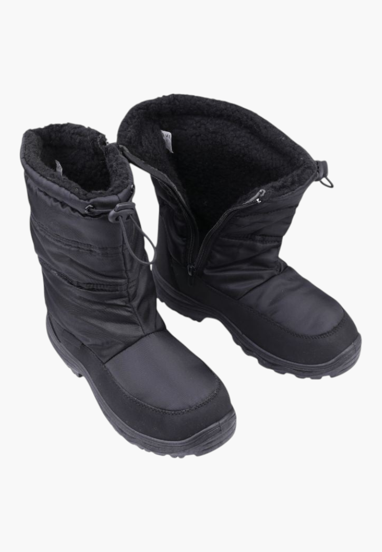 Side view of black winter boots with flexible sole and slouchy design.