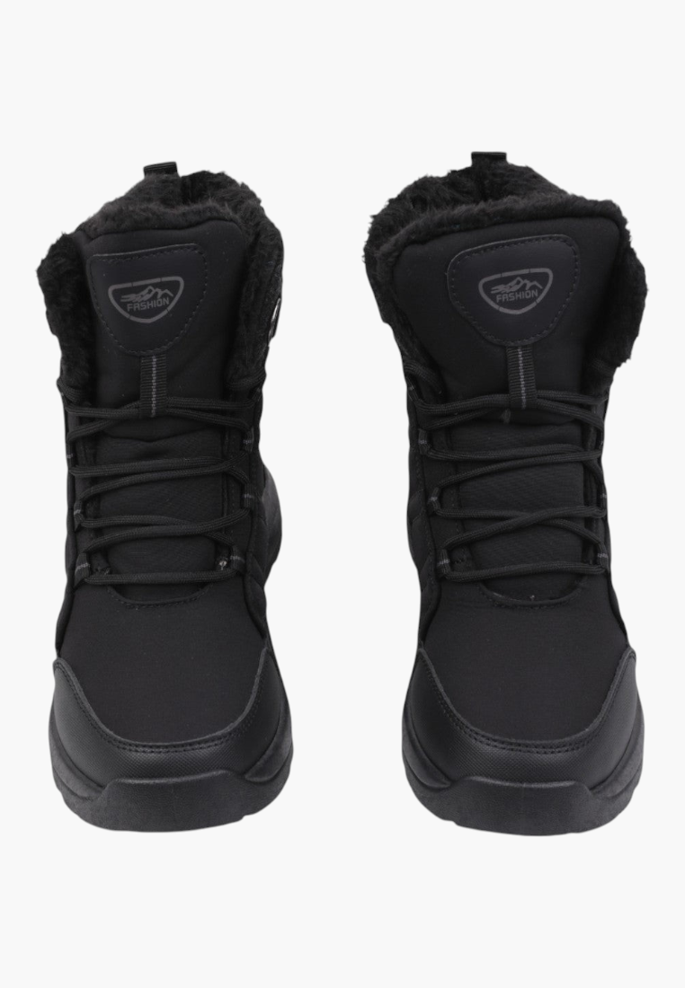 Close-up detail of black boots showing treaded sole and flexible design on a white background.