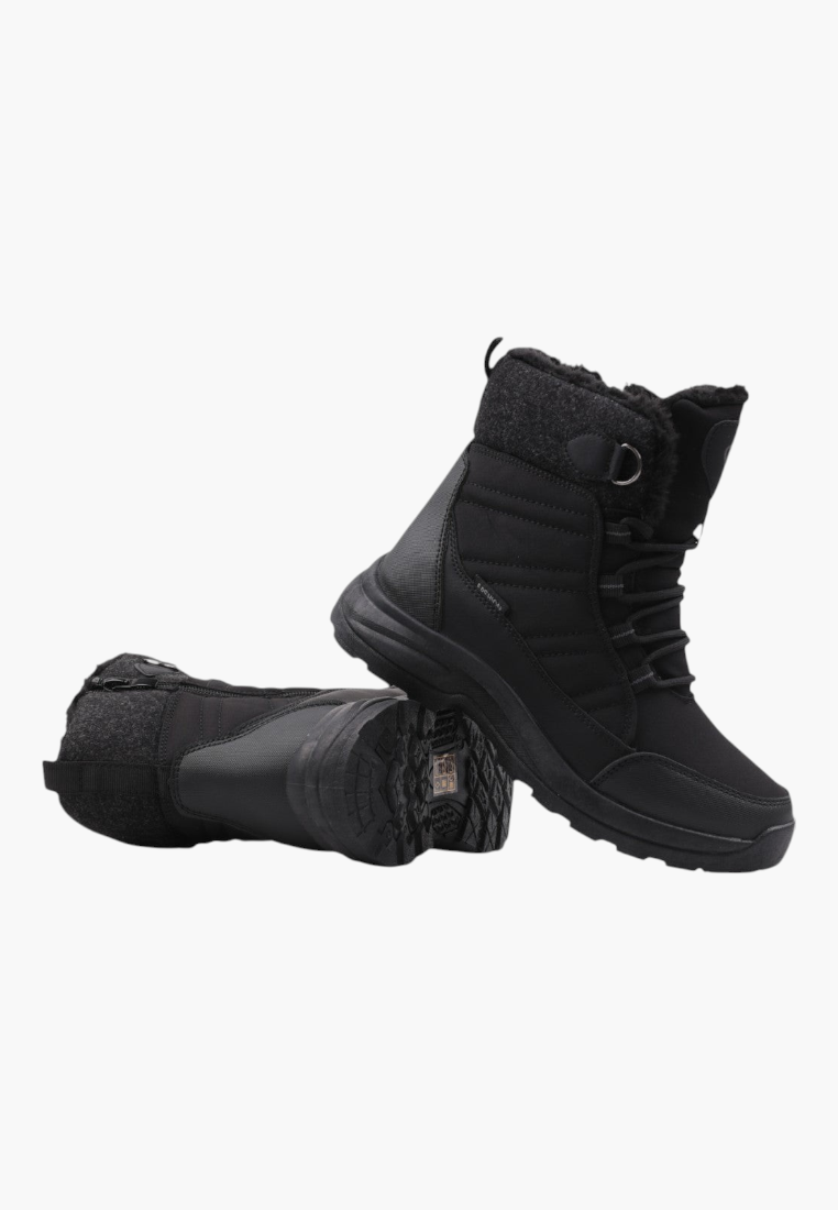 Front view of black boots with double eyelets and reinforced toe on a white background.