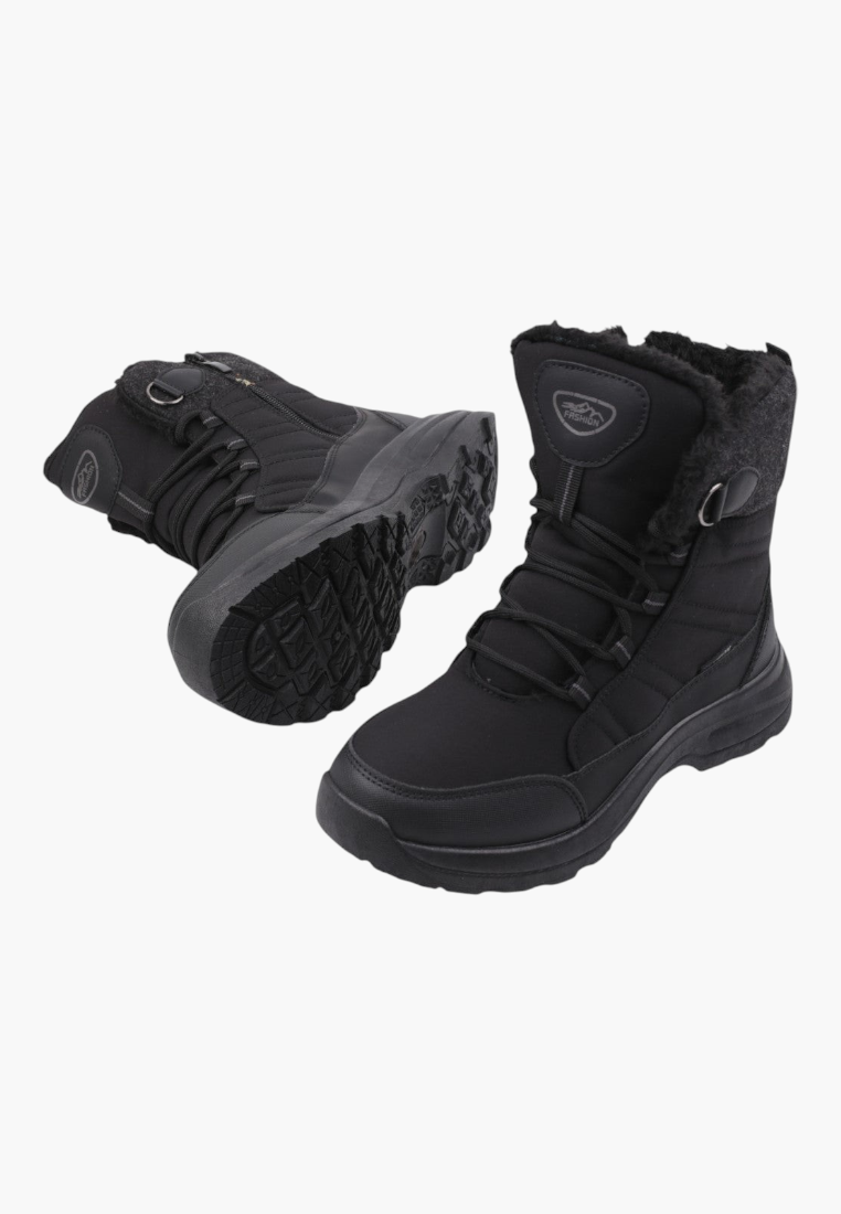 Other angle of black high-top lace-up boots on a white background.