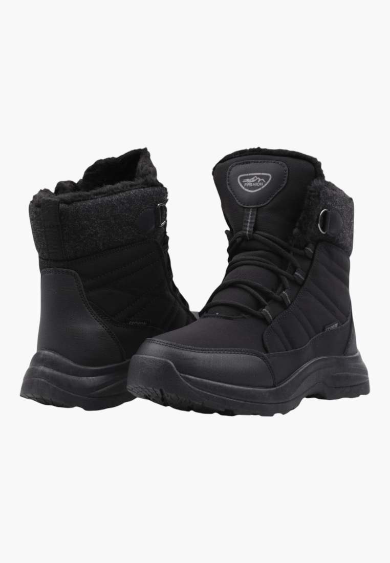 Other angle of black high-top lace-up boots on a white background.