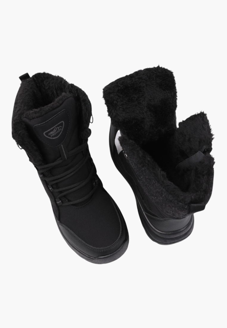 Other angle of black high-top lace-up boots on a white background.