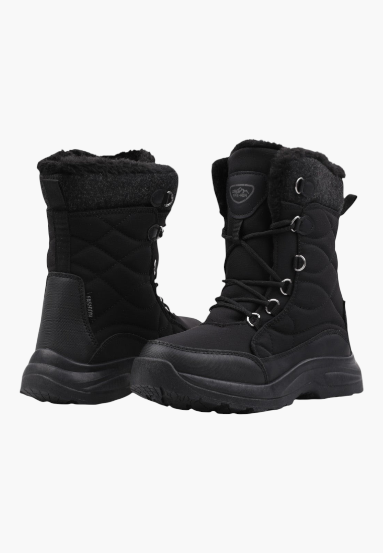 Front view of black winter boots with lace-up design, insulated and high ankle.