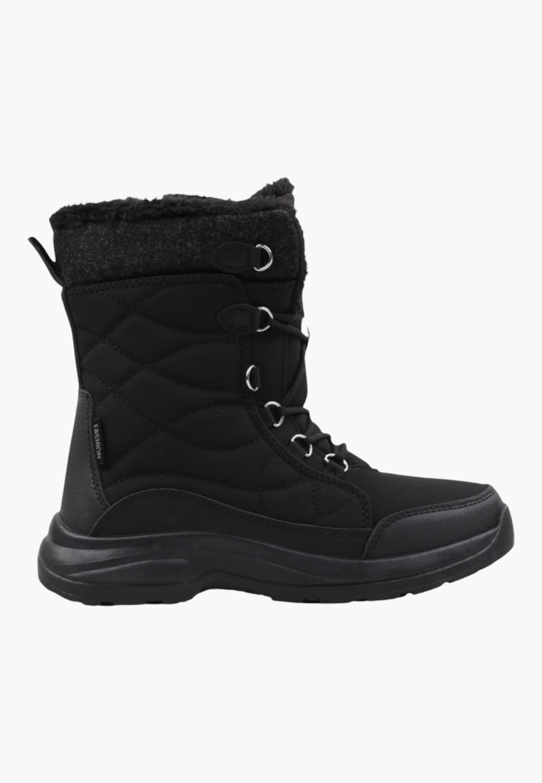 Side view of black winter boots highlighting slim profile and textured sole.