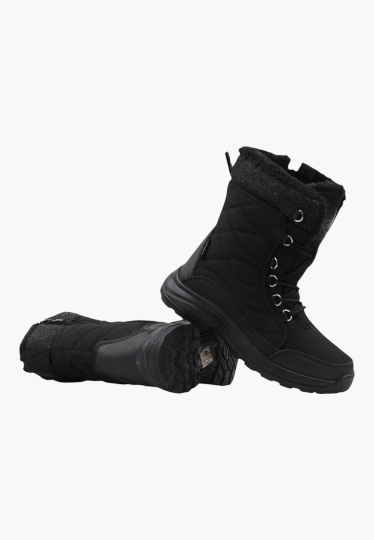 Side view of black winter boots featuring zipper closure and soft lining.