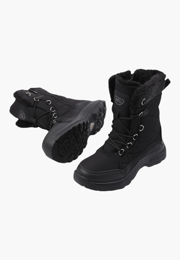 Side view of black winter boots with rubber sole, zipper closure, and reinforced toe.