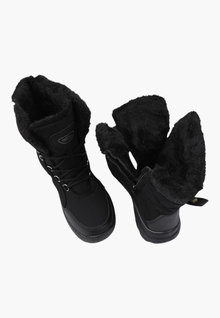 Top view of black winter boots showing open design and soft lining.
