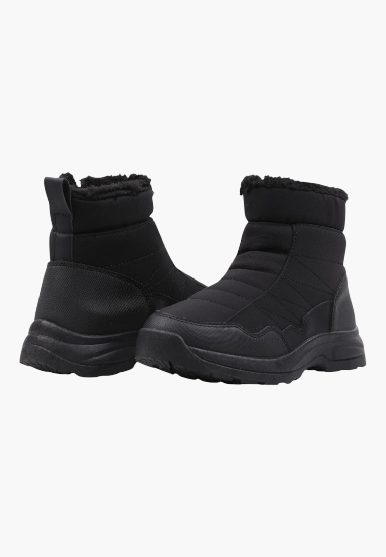 Front view of black ankle boots with zipper closure and padded collar.