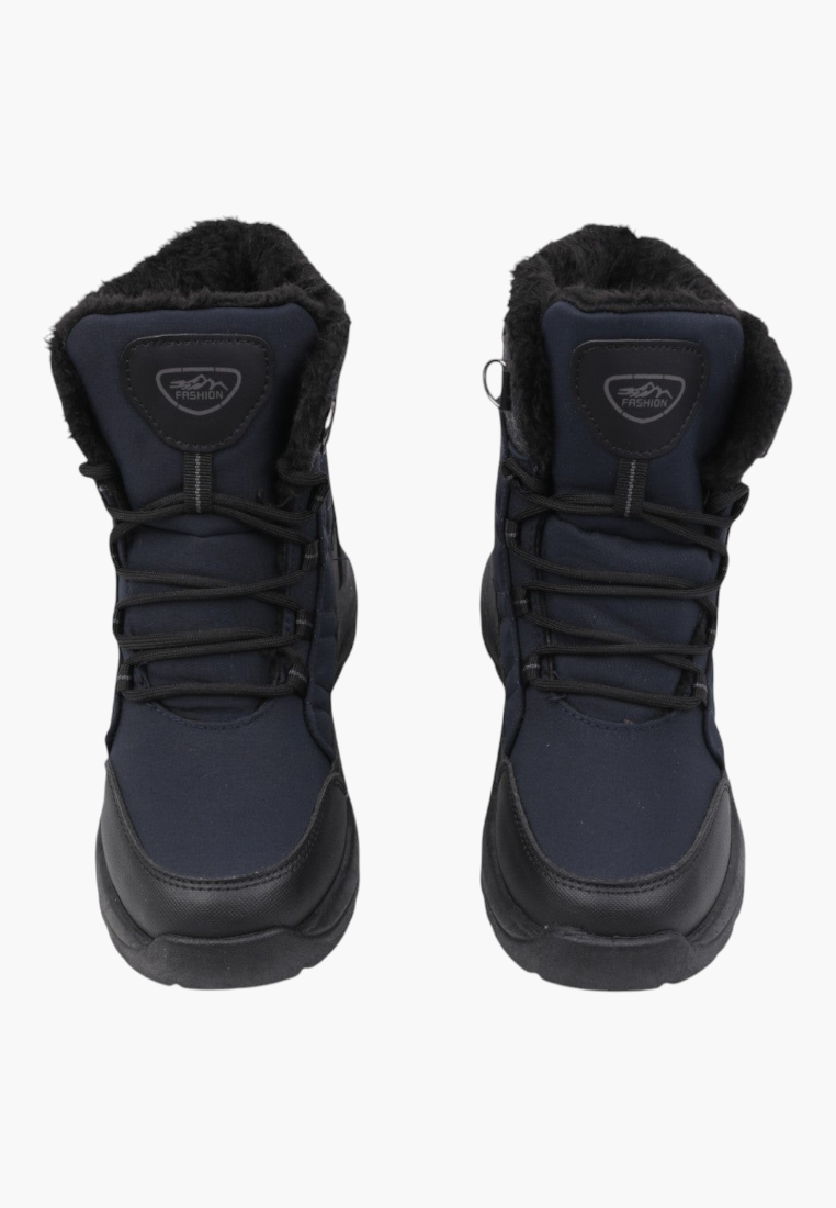 Detail view of the heel of sturdy navy blue winter boots.