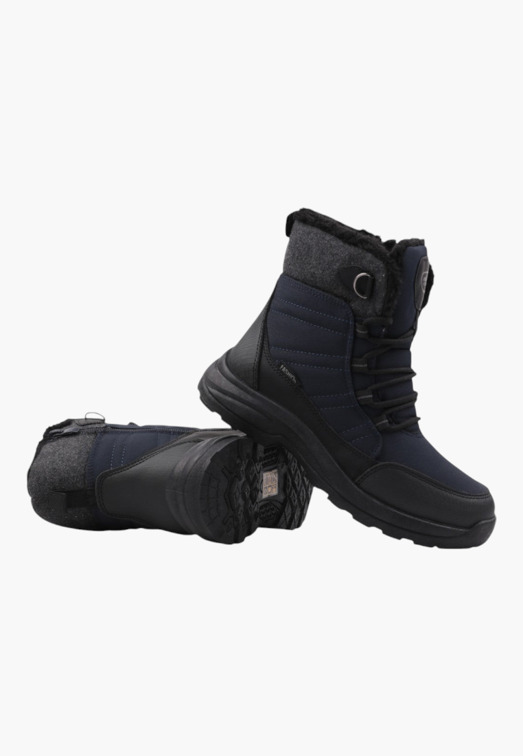 Front view of navy blue winter boots with double eyelets and soft lining.