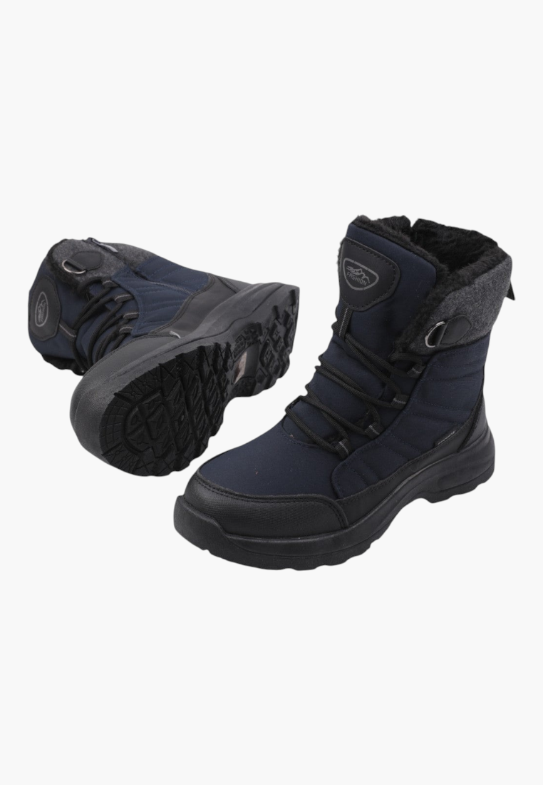 Other angle of navy winter boots with lace-up design and insulated lining.