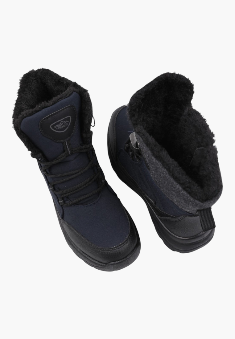 Other angle of navy winter boots with high-top design and soft lining.