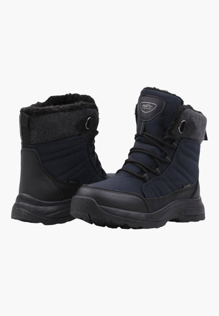 Other angle of navy winter boots featuring zipper closure and textured upper.