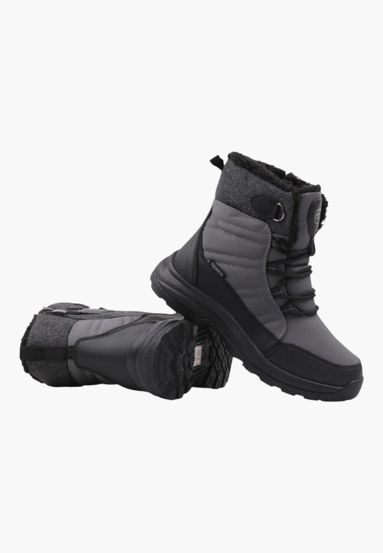 Angled view of gray winter boots showcasing flexible sole on a white background.