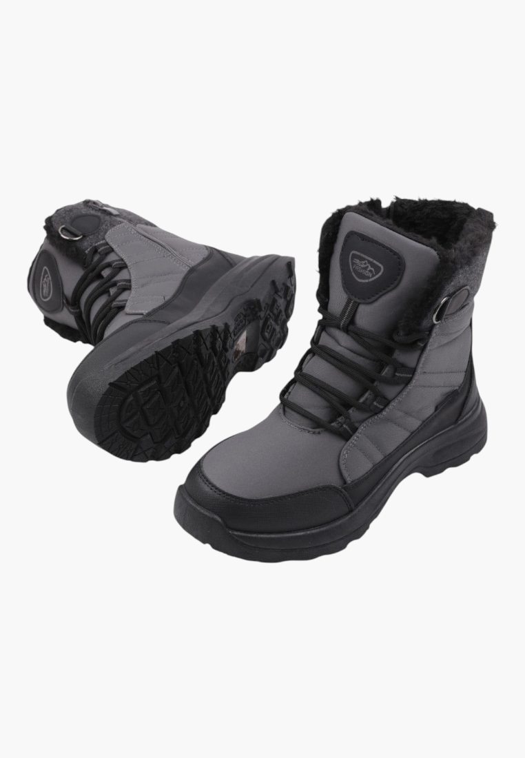 Front view of gray hiking boots with lace-up design and textured sole on a white background.