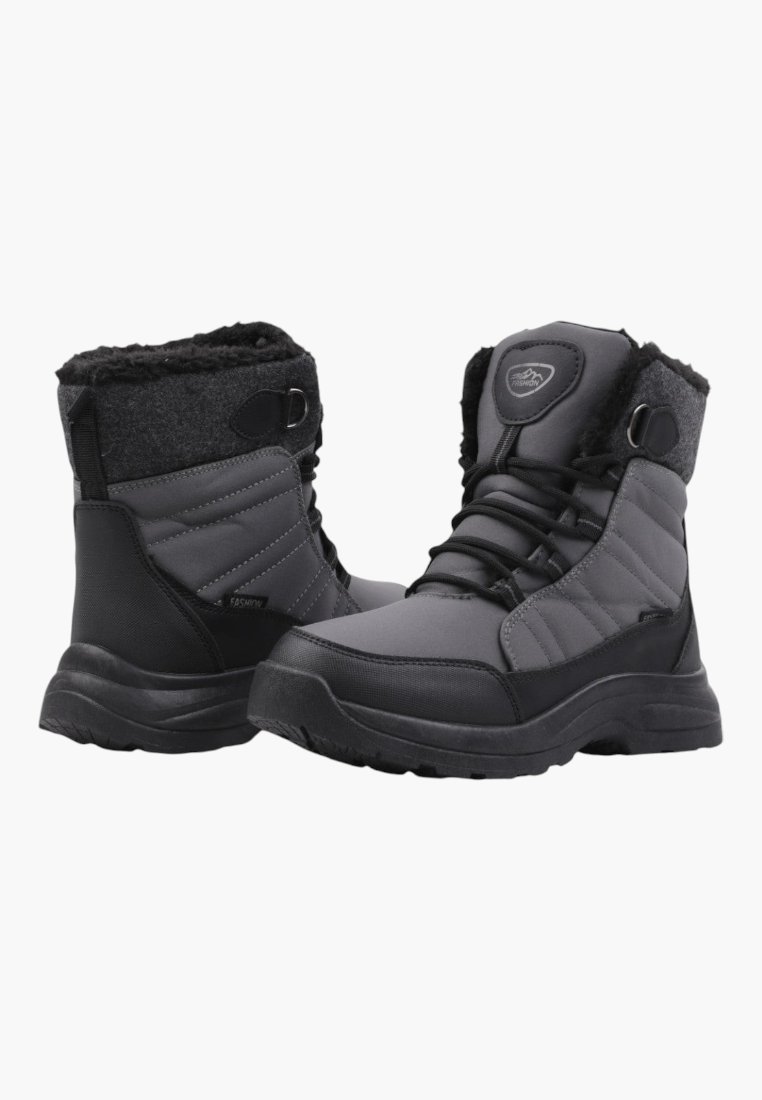 Front view of gray hiking boots featuring padded collar and reinforced toe on a white background.