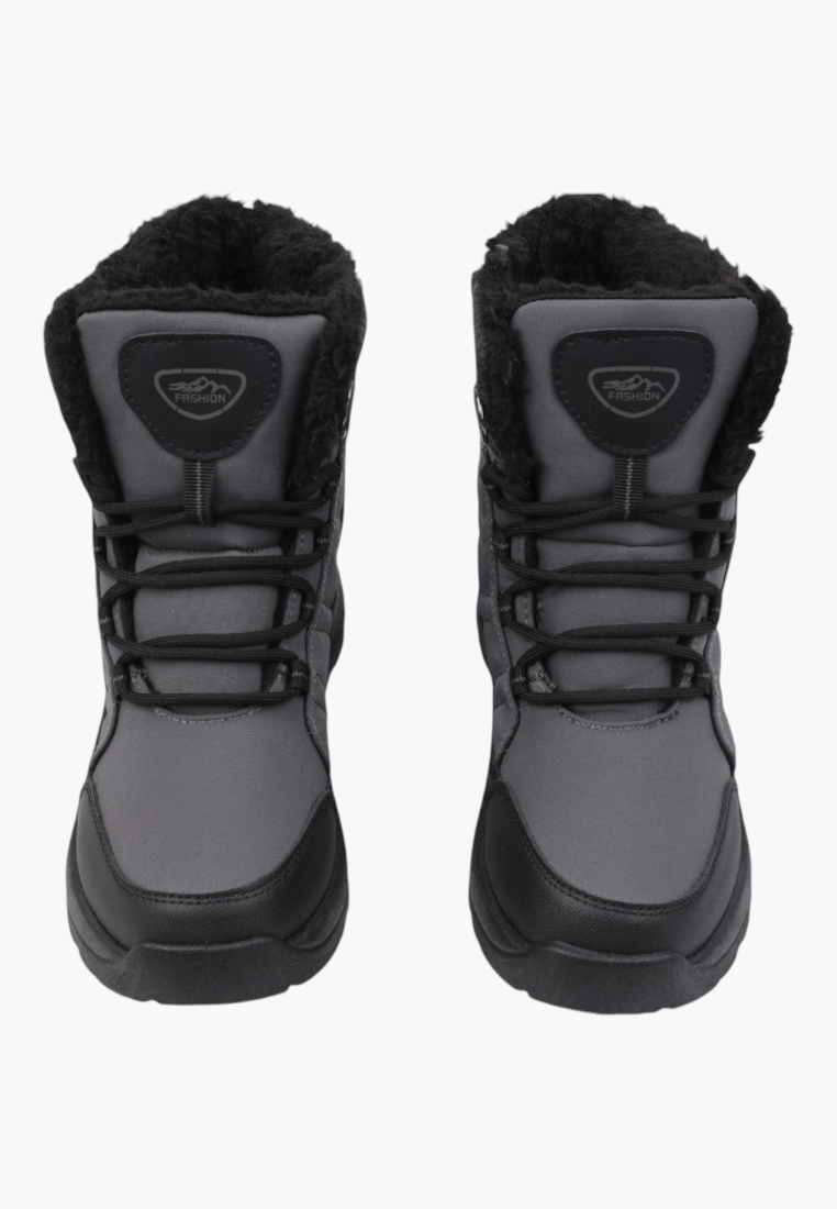 Side view of gray winter boots with lightweight sole and water-resistant features on a white background.